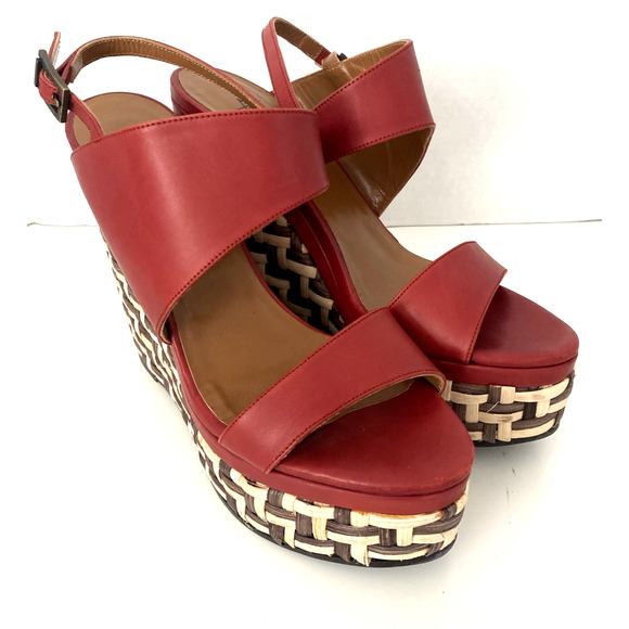 Aquatalia Carmela Sandal Espadrille Wedge Heel Red Leather Buckle Platform 8 - Picture 3 of 10